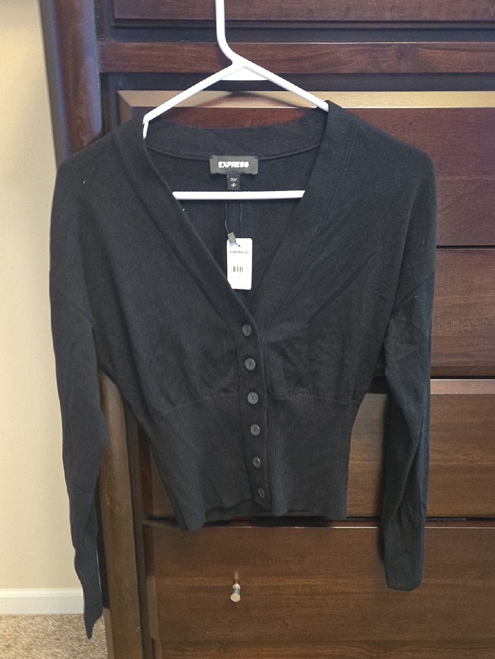 Express Black Button-Front V-Neck Cropped Cardigan